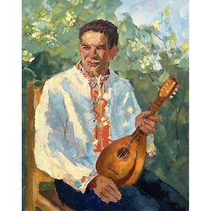 Vintage original oil painting Portrait of a man with domra by Ukrainian artist T.Naumova, 1970s, Male portrait, Man portrait, Wall art work