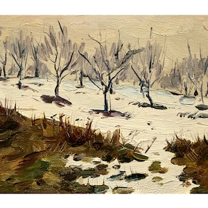 Impressionist original oil antique small painting Winter garden landscape by Ukraine artist B.Spornikov, 1960s, Snow painting, Trees, Nature
