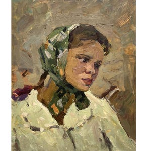 Antique original oil painting Portrait of a girl by Ukraine artist V.Zaichenko, 1960s, Portrait wall art, Portrait painting, Female portrait