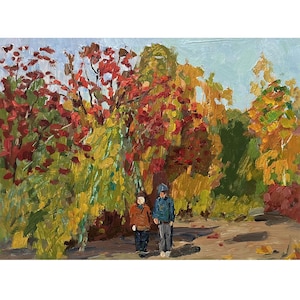 Pintura al óleo original vintage "Paisaje de bosque otoñal" del artista ucraniano O. Solodovnikov, década de 1980, Arte mural, Árboles amarillos, Pintura de paisaje