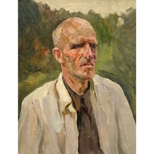 Pintura al óleo original de mediados de siglo Retrato antiguo de un hombre del artista ucraniano A. Shkurko, 1955, Retrato masculino, Pintura de retrato, Arte mural