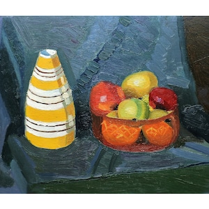 Vintage original oil painting Still life by Ukrainian artist V.V.Kolesnik 1970s, Fruit still life with apples, Authentic still life wall art