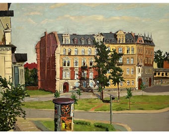 Antiek origineel schilderij zomer Europees stadsbeeld door Oekraïense kunstenaar Andriyash, 1 augustus 1960, impressionistische muurkunst, oude stad, gebouwen