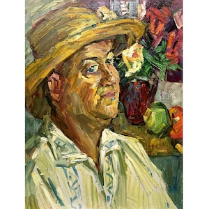 Pintura al óleo original vintage Retrato masculino del artista ucraniano A. Yakimets, década de 1990, Retrato de un hombre con sombrero de paja, Obra de arte mural con retrato