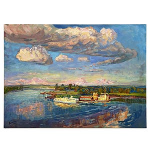Original oil painting on canvas Sunset riverscape by Ukrainian artist J.Piven, Ship, Pier, River, Riverbank, Clouds, Skyscape, Sky painting
