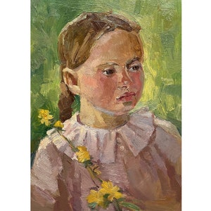Antique original oil painting Portrait of a girl by Ukrainian artist O.Vovk, 1962, Portrait painting, Portrait wall art, Child portrait art