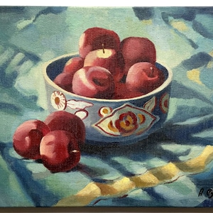 Fruit still life painting Vintage original oil painting on canvas by Ukrainian artist O.Sulimenko, 1990s, Wall art, Still life with apples