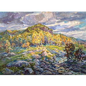 Original oil painting on canvas Autumn mountains landscape by Ukrainian artist J.Piven, Fall nature, Orange trees, Mountain river, Clouds