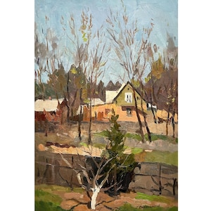 Vintage original Ölgemälde Ländliche Landschaft vom Ukraine Künstler G.Sorokoletov, 1960er Jahre, Wandkunst, Frühling, Dorf, Landschaftsansicht, Bauernhaus