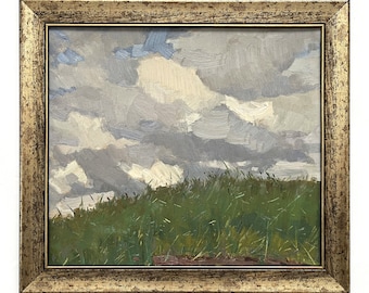 Framed vintage original oil painting by Ukraine artist V.Sevastyanov 1960s, Nature, Evening landscape, Sky, Skyscape, Clouds over the meadow