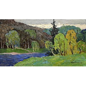 Vintage original oil painting Spring river landscape by Ukrainian artist O.Bednoshey, Evening over river, Trees on the river bank, Nature