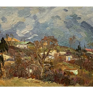 Impressionist vintage original oil painting Autumn mountains landscape by Ukrainian artist T.Danilenko 1970s Village in the mountains, Trees