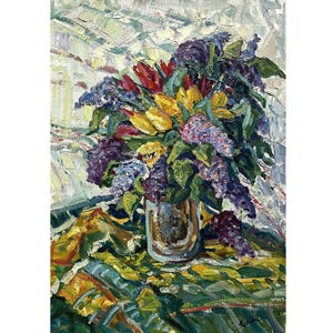 Original oil painting on canvas Flowers still life by Ukrainian artist Y.Piven, Spring floral still life, Still life with tulips and lilacs
