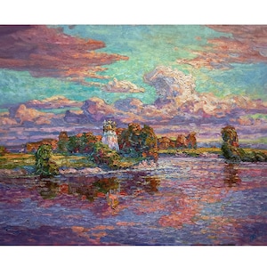 Original oil painting on canvas Sunset riverscape by Ukrainian artist J.Piven, Wall art, River, Riverbank, Clouds, Skyscape, Sky painting