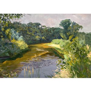 Vintage original oil painting Forest river landscape by Ukrainian artist by A.Zhezher 1980s, Summer, Trees on river bank, Riverscape, Nature
