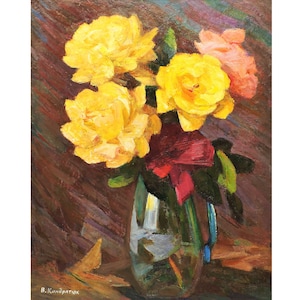 Pintura al óleo original vintage Bodegón de rosas del artista ucraniano V. Kondratyuk, década de 1970, Rosas en un jarrón, Pintura de flores, Bodegón floral