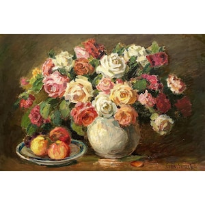Vintage original oil painting Still life with roses and apples by Ukrainian artist O.Solodovnikov, 1971, Flowers still life, Floral wall art