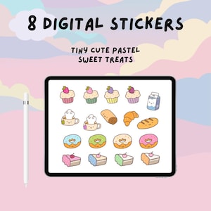 May include: A digital illustration of 8 stickers on a tablet, featuring tiny, cute, pastel sweet treats. The stickers include cupcakes, donuts, pastries, and a milk carton. The text "8 DIGITAL STICKERS" and "TINY CUTE PASTEL SWEET TREATS" are displayed above the tablet.