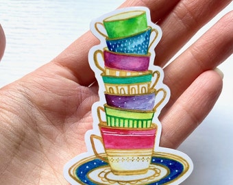 Tea Party Laminated Vinyl Sticker // Sticker bomb, sticker art, watercolor sticker, laptop sticker, journal sticker, waterproof sticker