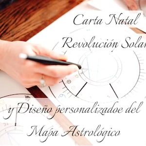 May include: A white paper document featuring a circular astrological chart with black lines and symbols. The text reads Carta Natal, Revolución Solar, and Diseño personalizado del Mapa Astrológico. A black pen is positioned over the chart.