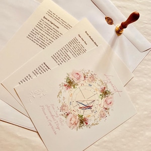 May include: A cream-colored paper document featuring a circular astrological chart surrounded by a floral wreath of pink roses and green leaves. The text includes "Sun Sign Pisces," "Ascendant Virgo," and "Moon in Capricorn" with a wax seal stamp.