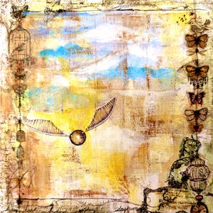 May include: A square mixed-media art print featuring a central golden winged sphere against a textured background of yellow and blue washes, overlaid with vintage script, birdcages, and butterflies arranged along the vertical side borders.