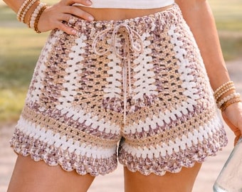 Handmade Crochet Shorts - Tan White Purple Variegated Boho Shorts - Boho Crochet Shorts - Festival Crochet Shorts - Cover-up Shorts