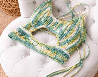Handmade Crochet Halter Top | Green Yellow White Cotton Bralette, Festival Beach Wear