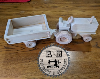 Wooden Toy, Wood Farm Tractor and Box Trailer, Farm Tractor, Trailer, Wood Toy, Toy Vehicle