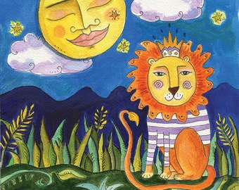 Lion and Moon art print for kids room and nursery. Whimsical illustration.