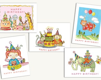 Birthday Card Variety 5-Pack, Whimsical Birthday Cards, Cute Animal Birthday Card, Cheerful Birthday Cards