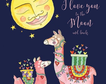 Lama art print for kids and nursery. I Love You to the Moon and Back