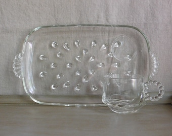 Set of 3 Teardrop Glass Tray and Teacup Snack Sets by Hazel Atlas