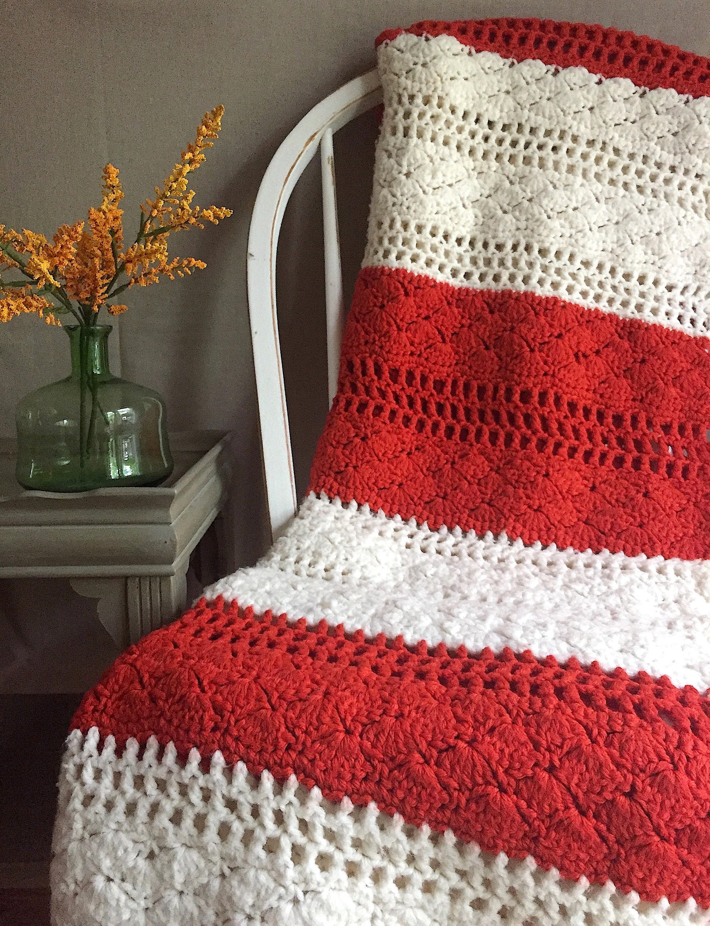 Vintage Crochet Blanket. Creme and Coral Orange Striped Throw. Etsy