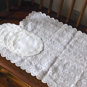 White Embroidered Table Runner and Coasters, Set of 6
