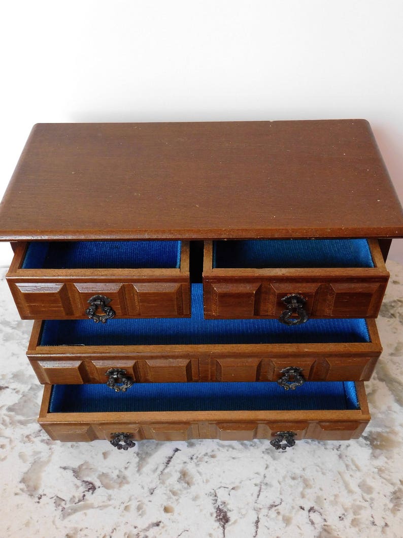 Blue velvet trinket storage. Jewelry chest Vintage jewelry box Jewelry organizer display case Vintage armoire Velvet-lined jewelry case