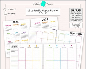 Fully Dated Jan-Dec.2024 Modern Bright Rainbow - Vertical Week (Monday Start) - Planner Printable - 132 Pages - 8.5x11" US Letter