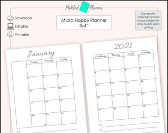 Editable Micro Minimal, Black, Gray & White Undated Monthly Planner Printable - 3x4" Micro Happy Planner, Insert, Edit, Print
