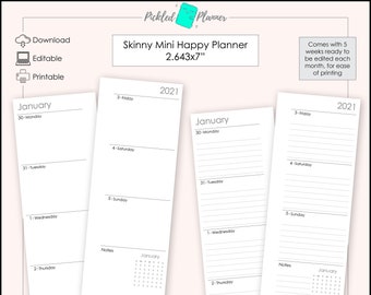 Editable Skinny Mini Modern Black, Gray & White Undated, Horizontal Weekly Planner Printable - 2.643x7" Skinny Mini Happy Planner