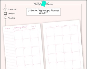 Editable Pastel Pink Undated Monthly Planner/Binder Printable - 8.5x11" US Letter/Big Happy Planner Size