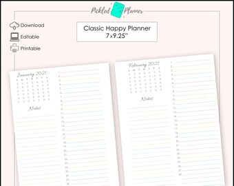 Pastel Rainbow Editable Undated Perpetual Monthly Planner/Binder Printable - 7x9.25" Classic Happy Planner Size