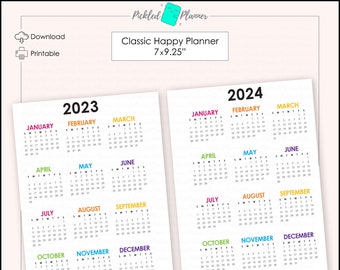 Classic Modern Bright Rainbow 2023-2024 Dated Year-at-a-Glance Month Planner Printable - 7x9.25" Classic Happy Planner Size