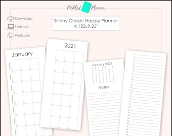 Editable Modern Black & White Undated, Perpetual Monthly Planner Printables - 4.125x9.25" Skinny Classic Happy Planner/Happynichi
