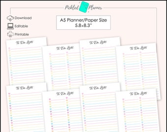 A5 Printable Bright Rainbow, Heart/Star/Square/Circle Editable To Do Lists/Tasks Bundle - 5.8x8.3" - A5 Paper Size