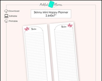 Editable Skinny Mini Sweet Pink Bow Planner Notes Printables - 2.643x7" Skinny Mini Happy Planner