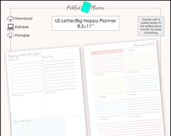 Editable Pastel Rainbow Undated, Dashboard Weekly Planner/Binder Printable - 8.5x11" US Letter/Big Happy Planner Size