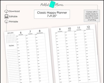 Agenda/classeur vertical moderne modifiable toutes les heures toutes les heures sans date, vertical imprimable - 7 x 9,25 po. format classique Happy Planner