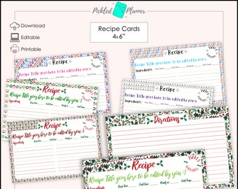 Editable Lined 6 Christmas Themed Recipe Cards Printable BUNDLE - 4 x 6"