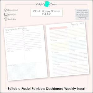 Redigerbar pastellregnbåge odaterad, utskrivbar veckoplanerare/pärm med dashboard - 7x9,25" klassisk Happy Planner-storlek