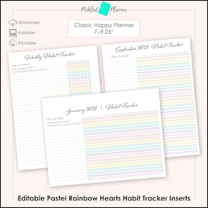Editable Pastel Rainbow Hearts Habit Tracker Printables - 7x9.25&quot; Classic Happy Planner Size